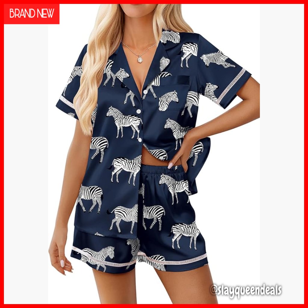 Satin Pajama Set Short Sleeve Button Up Lounge Wear Medium